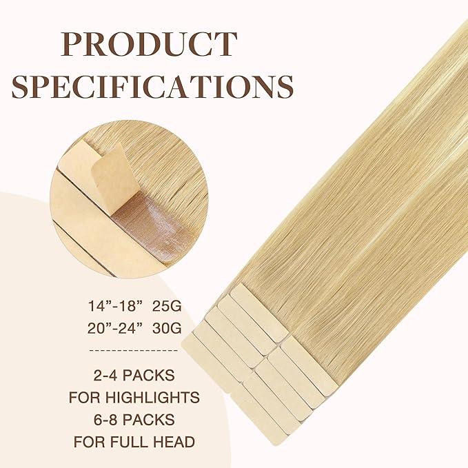 GOO GOO Tape in Hair Extensions Human Hair, 18AT60A Pearl Ash Blonde Highlights, 14inch 25g 10pcs, Skin Weft Seamless Invisible, Silky Straight with Thick Ends, Remy Human Hair