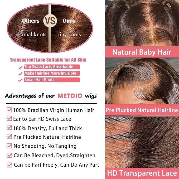 13x6 Body Wave Lace Front Wigs Human Hair Chocolate Brown Wig Human Hair Pre Plucked With Baby Hair 180 Density 4# Colored Brown HD Lace Frontal Wigs for Women 28Inch