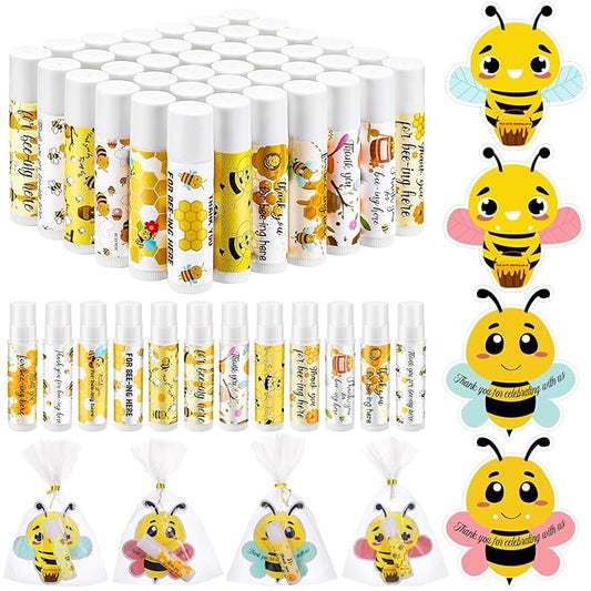 48 Sets Bee Lip Balm with Bee Themed Thank Card Tags Baby Shower Favor Bulk Bee Themed Gifts for Baby Shower Baptism Birthday Party Supplies Christmas Party