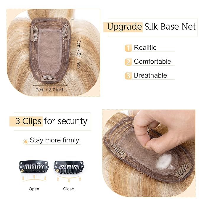 SEGO Hair Toppers for Women Real Human Hair With Bangs, 7 * 13CM Silk Base 100% Remy Human Hair Clip in Top Wiglet Hairpieces Add Volume -16 Inch Golden Brown&Bleach Blonde