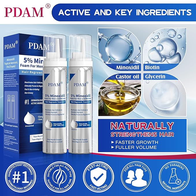 5% Minoxidil for Men and Women Foam Hair Growth - Minoxidil Foam Hair Regrowth Treatment for Men and Women, Topical Hair Loss Treatments, Extra Strength Thicker & Fuller Hair, 2 x 2.11 oz for 2 Months