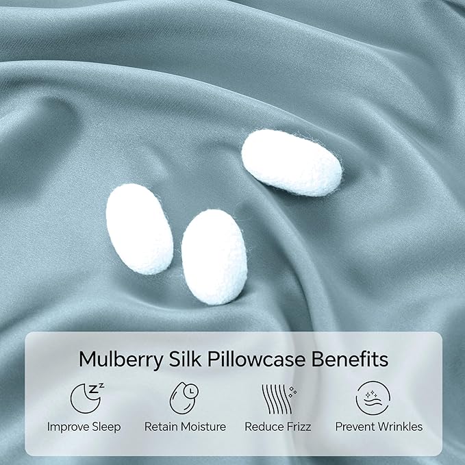 INFIIXSO Mulberry Silk Pillowcase for Hair and Skin, Silk Pillow Cases Queen Size with Hidden Zipper 20"x30", Extraordinary Smooth and Soft Cooling Pillow Cases for Hot Sleepers(Airy Blue, 1 Pack)