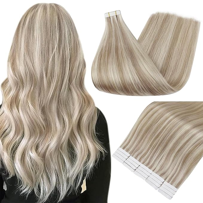 Full Shine Tape in Hair Extensions Human Hair 20 Inch Remy Human Hair Tape Extensions Highlighted Color 18 Ash Blonde and 613 Light Blonde Hair Extensions Tape Ins 20 Pcs 50Gram Adhesive Hair