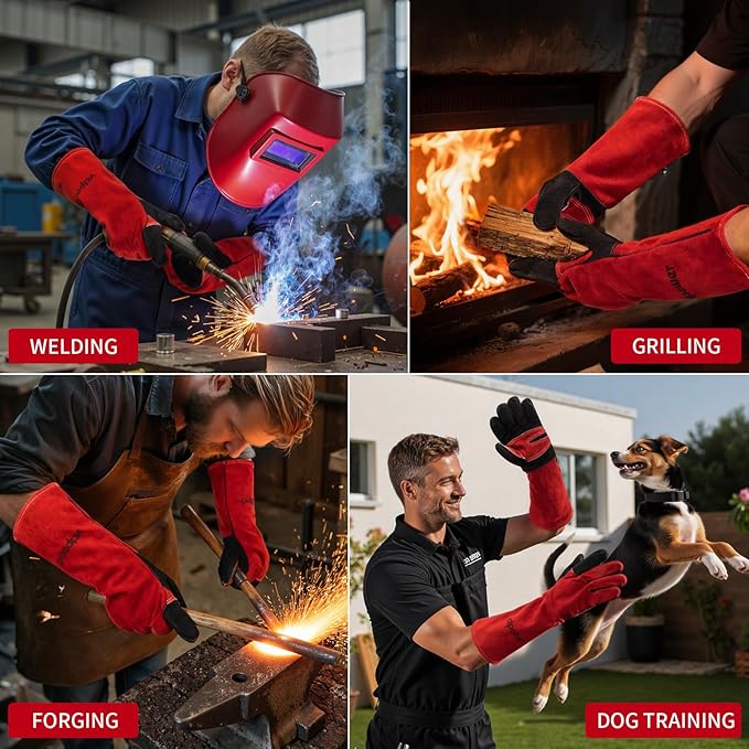 Fireplace Welding Gloves Fire Heat Resistant16IN 932°F Fireproof Leather for Fire Pit Wood Stove Campfire Furnace BBQ Baking,Grill Oven Stick Mig Tig Gear Birthday Christmas Gift for Man L