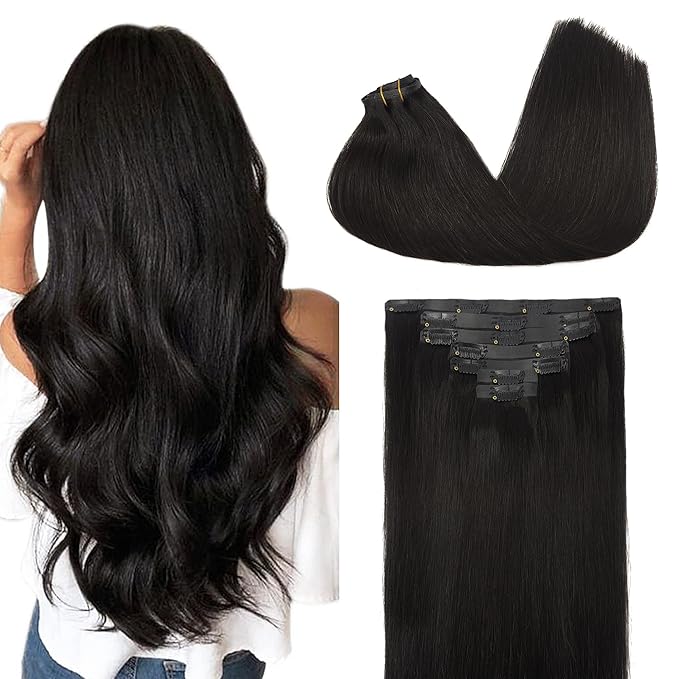 GOO GOO Clip in Hair Extensions Real Human Hair, Remy Human Hair Extensions Clip ins for Women, Natural Human Hair, 20inch 130g 7Pcs, #1B Natural Black