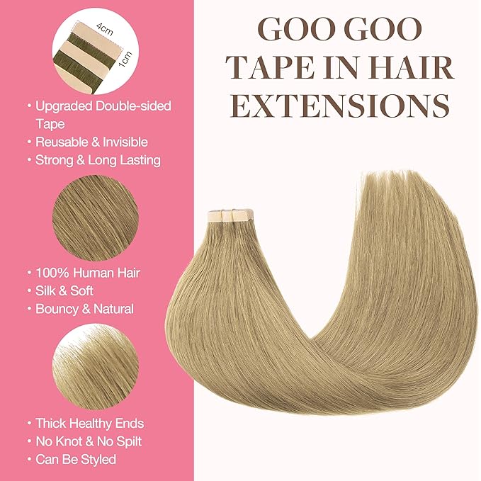 GOO GOO Tape in Hair Extensions Human Hair, 7 Bronde, 12inch 80g 40pcs, Skin Weft Seamless Invisible, Silky Straight with Thick Ends, Remy Human Hair