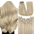 YoungSee 135G Blonde Clip in Human Hair Extensions Highlight Human Hair Clip in Extensions Warm Ash Blond Highlights Bleach Blonde Hair Extensions Clip ins Silky Remy Hair 16Inch 7Pcs