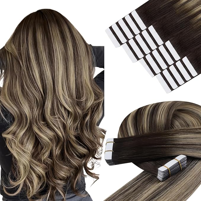 YoungSee Tape in Hair Extensions Human Hair Balayage Tape in Hair Extensions Dark Brown with Ash Blonde Balayage Hair Extension Tape-in Natural-Looking Haifor Girl 16In 20pcs 50g