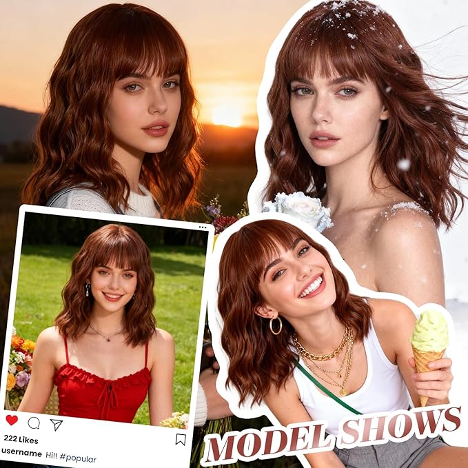 Bob Wig With Bangs Wave Wigs for Women 14 Inch Short Loose Wavy Heat Resistant Synthetic Wig Shoulder Length Hair for Daily and Cospaly Party Use (Auburn)