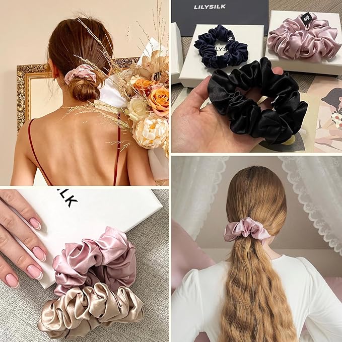 LILYSILK Silk Hair Scrunchies/Ties for Frizz & Breakage Prevention, 100% Mulberry, No Damage, Elastic ponytail Holders, 2Pc, Black&Rosy Pink