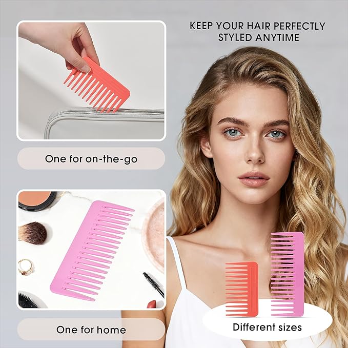 One large, one small, two-piece Wide Tooth Comb，No Handle Detangler Accessories，Large Hair Detangling Comb for Curly, Straight,Wet Dry Hair(Lavender Pink,Rose Red)
