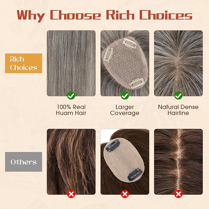 Rich Choices Human Hair Toppers for Women-100% Real Remy Hair Topper with 3D 360°Bang-Upgraded 150% Density 9 * 12CM Lace Base-Clip in Hairs topper for Thinning Hairs-12Inch #G2 Grey