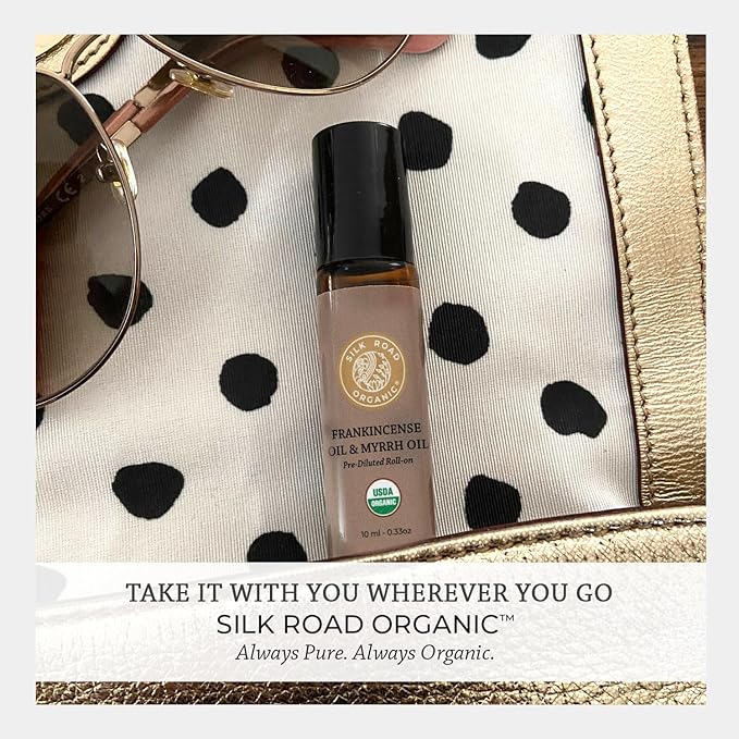 Silk Road Organic Frankincense Oil & Myrrh Essential Oil Roll On, 100% Pure USDA Certified Aromatherapy for Body Aches, Stiffness & Tingling, Stress Relief, & Skin - 10 ml Roller