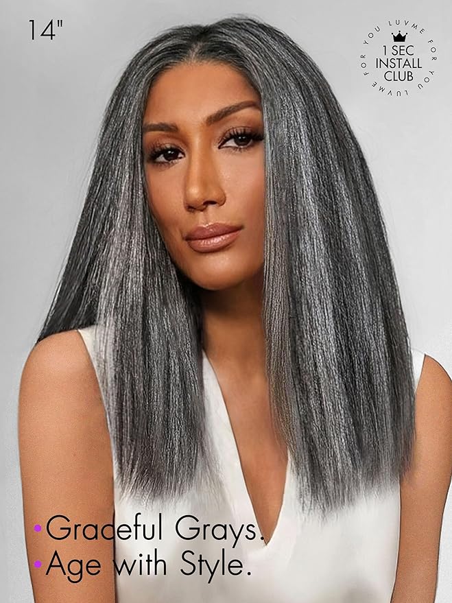 LUVME HAIR 14 Inch Grey Salt & Pepper Silky Straight Wig Human Hair Glueless HD Lace Bob Wig with Mix Grey Color, pre plucked pre cut Lace Ready to Go Wigs For Women