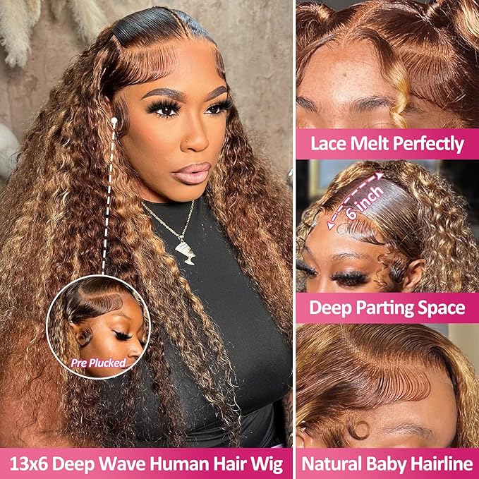 Honey Blonde Deep Wave Lace Front Wigs Human Hair 200 Density 13x6 HD Lace Front Wigs Ombre Human Hair Wig Glueless P4/27 Highlight Wig for Women Pre Plucked with Natural Hairline (22 Inch)