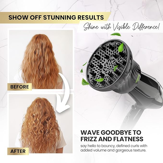Herbishh Hair Dryer Diffuser Attachment for Even Heat Distribution, Universal Fit for Curly, Thick & Wavy Hair, Reduces Frizz & Adds Volume, Gifts for Her, Adjustable from 3.5 to 8 cm (Black)