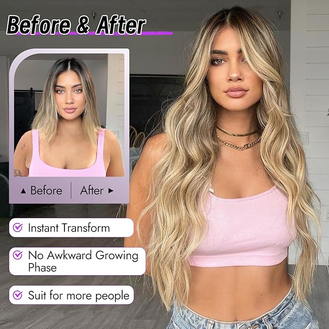 Ombre Blonde Wig for Women Long Wavy 4x1 Lace Natural Hairline Glueless for Beginners Middle Part Synthetic for Daily Party Use 30Inch