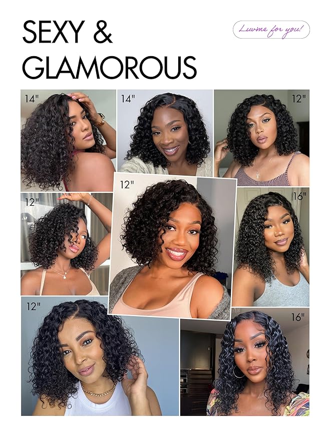LUVME HAIR Curly Deep Wave Glueless Lace 100% Human Hair Short Wigs 16 Inches Pre Cut Plucked Hd Lace Wig Ready To Go Natural Color Bleached Knots Side Part Black Wigs 16 Inches