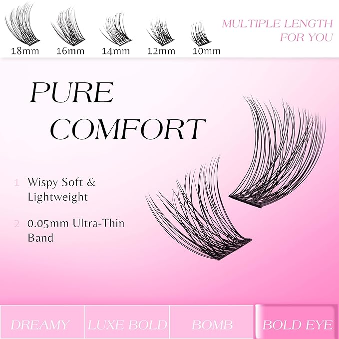 VEYESBEAUTY Lash Clusters Individual Eyelash Extensions Thin & Invisible Band DIY False Eyelashes for Self-application Newbie's Five-Second Series Wispy Lash Tray, Boldeye 12mm Single Length