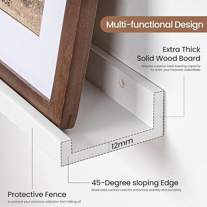 Picture Ledge Shelf, Solid Pine Wood Floating Shelves Set of 2, 36 Inches Nursery Book Shelves for Toys Storage, Kids Bookshelf Wall Mounted for Living Room Bedroom Decor Books Photo Frames, White