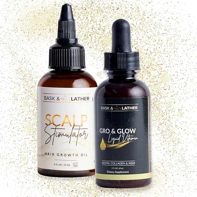 BASK & LATHER Inside-Out Growth Kit | Scalp Stimulator Oil + Gro & Glow Vitamins | Nourish Hair from Inside & Out for Stronger, Thicker, Healthier Growth