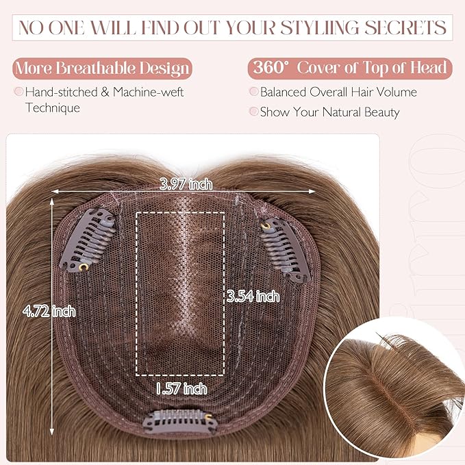Hairro 100% Human Hair Topper No Bangs, Real Clip in Hair Hairpieces for Women, 3.94x4.72" Silk Base for Thinning Receding High Hairline, 12 Inch Dark Brown Middle Part
