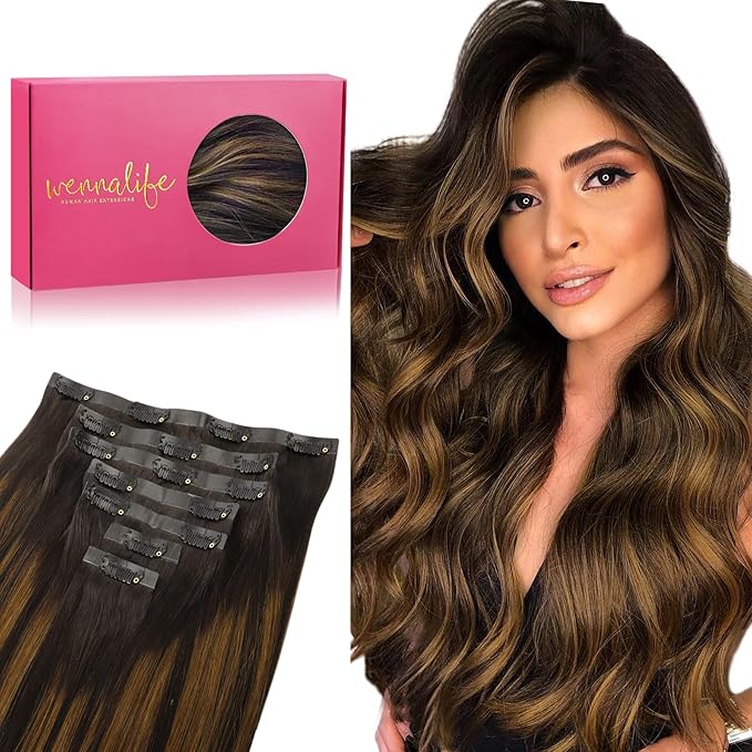 WENNALIFE Seamless Clip In Hair Extensions Human Hair, 12 Inch 80g 7pcs Balayage Dark Brown Mixed Chestnut Brown Real Hair Extensions Clip in Human Hair Invisible PU Skin Weft Natural