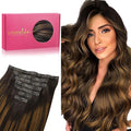 WENNALIFE Seamless Clip In Hair Extensions, 14 Inch 130g 7pcs Balayage Dark Brown to Chestnut Brown Hair Extensions Clip in Human Hair Invisible PU Skin Weft Natural Remy Human Hair Extensions