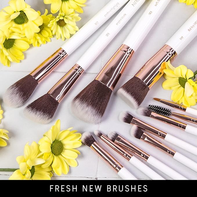 Niré Beauty White 15piece Award Winning Professional Makeup Brush Set: Vegan Makeup Brushes with Case, Makeup Sponge, Cleaner, Guide, Gift Box