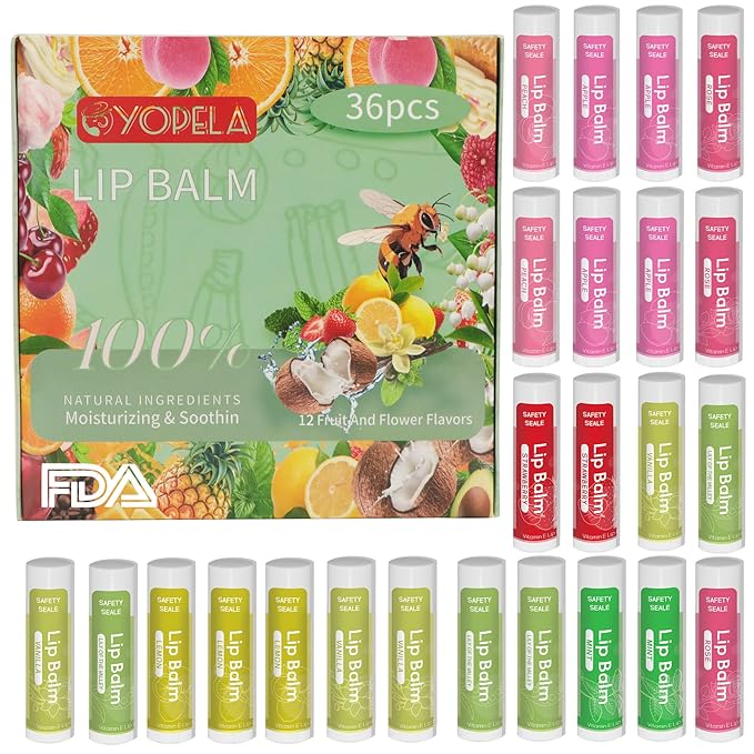 36 Pack Natural Lip Balm Bulk with Vitamin E and Coconut Oil - Moisturizing, Soothing, and Repairing Dry and Chapped Lips - 12 Flavors - Non-GMO