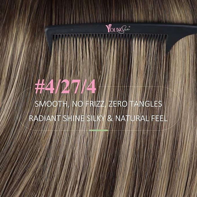 YoungSee Invisible Tape in Hair Extensions Brown Balayage Tape in Extensions Ombre Dark Brown to Blonde with Dark Brown Tape-on Hair Extension Human Hair Long 24In for Instant Length 20pcs 50g