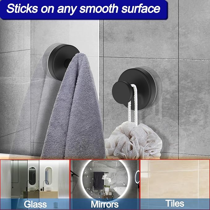 Suction Cup Hooks for Shower, Removable Towel Hooks for Bathroom Window Glass Door Wall, Bath Robe Looafh Hook for Hanging - 4 Pack, Black