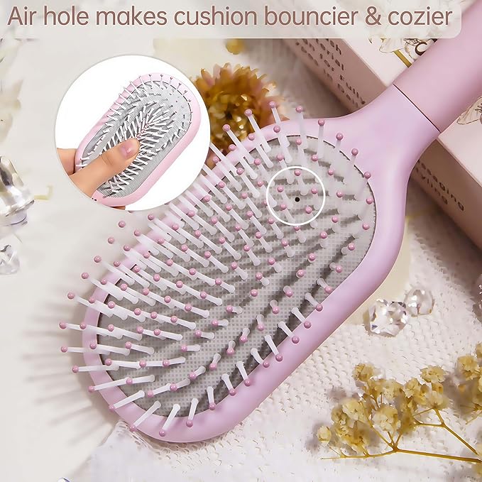 Hair Brush for Women, Detangler Brush Full Sized, Detangling Paddle Pain-free on All Hair Textures, Pink and Light Grey Cushion Base,1 Pack