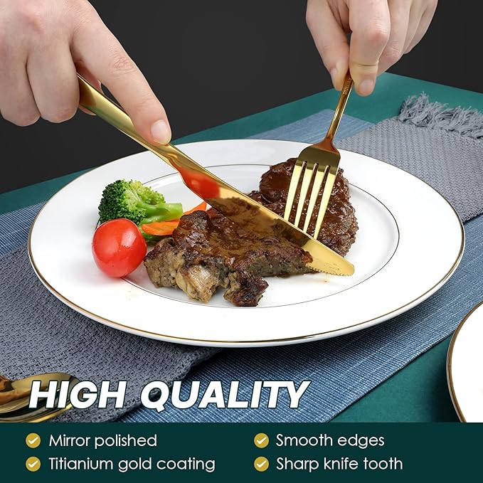 Gold Silverware Set, OGORI 24-Piece Food Grade Stainless Steel Gold Flatware Set, Kitchen Utensil Set Service for 6, Mirror Polished Tableware Cutlery Set for Home and Restaurant, Dishwasher Safe