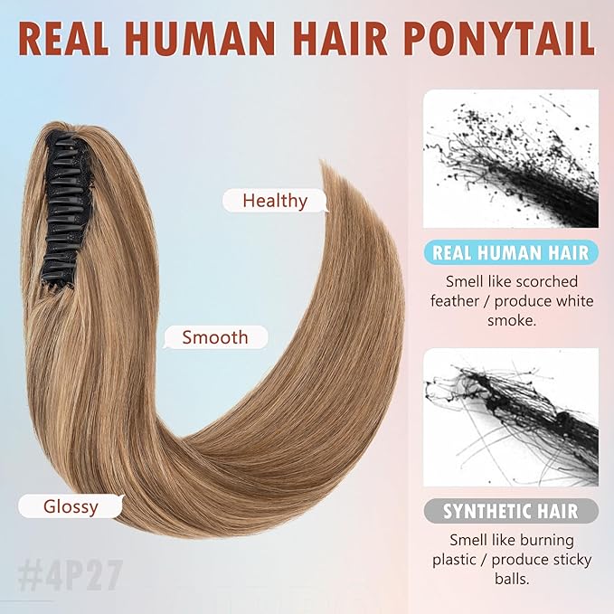 Hairro Claw Clip Ponytail Human Hair Extensions Jaw On Ponytails Remy Long Straight Jaw/Claw Clips Pony Tail Hairpieces For Women 18 Inch 115g #4P27 Medium Brown Mix Dark Blonde