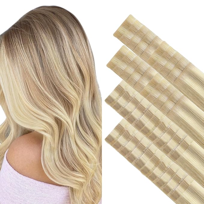 GOO GOO Invisi Edge Tape in Hair Extensions Human Hair, 18A/613A Dark Blonde Highlighted Bleach Blonde 20pcs injected with 20pcs classical tape ins, 12inch 80g, Virgin Remy Hair, Natural Look