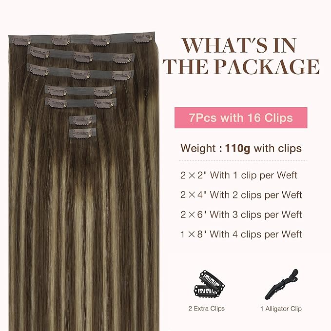 GOO GOO Clip in Hair Extensions Real Human Hair, Remy Human Hair Extensions Clip ins for Women, Natural Human Hair, 20inch 130g 7Pcs, #4/26/4 Balayage Chocolate Brown to Honey Blonde