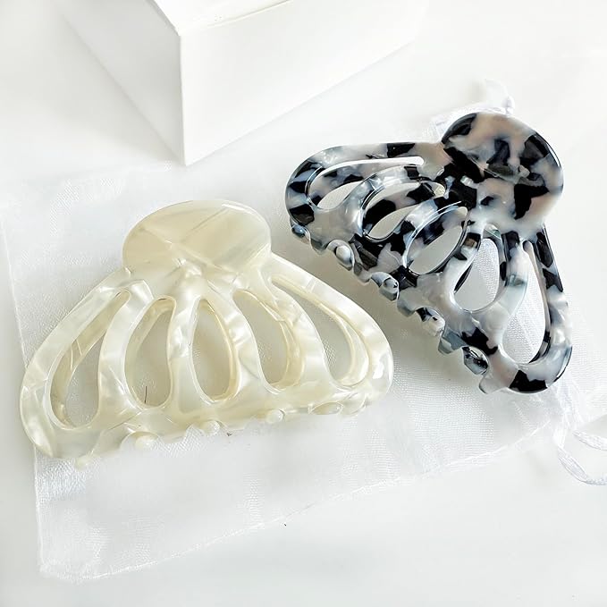 Fashion Tortoise Hair Clips for Women Resin Medium Hair Claw Clip for Fine Hair Non Slip Grip Hair Jaw Clips 2PCS in Set (Marble & Pearlscent)