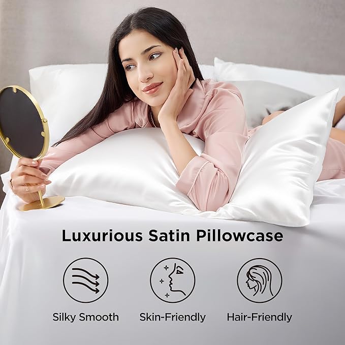 Bedsure King Size Satin Pillowcase Set of 2 - Pure White Silky Pillow Cases for Hair and Skin with Envelope Closure, Similar to Silk Pillow Cases, Gifts for Women Men, 20x36 Inches, 2pcs