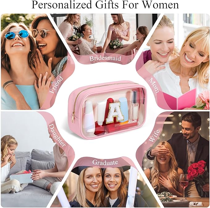 YOOLIFE Birthday Gifts | Initial Travel Essentials Makeup Bag, Clear Toiletry Bag Pouch Cosmetic Bag Case Large Makeup Bag Personalized Pink Birthday Gifts for Women Teacher Mom Teen Friends J
