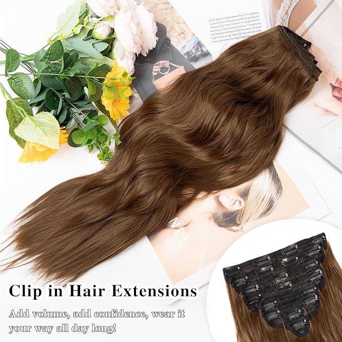Clip in Hair Extensions for Women, 20 Inch Medium Brown Hair Extensions Clip Ins Wavy Curly, 8PCS Synthetic Clip in Extensions for Women, Invisible Lace Weft Hair Extension