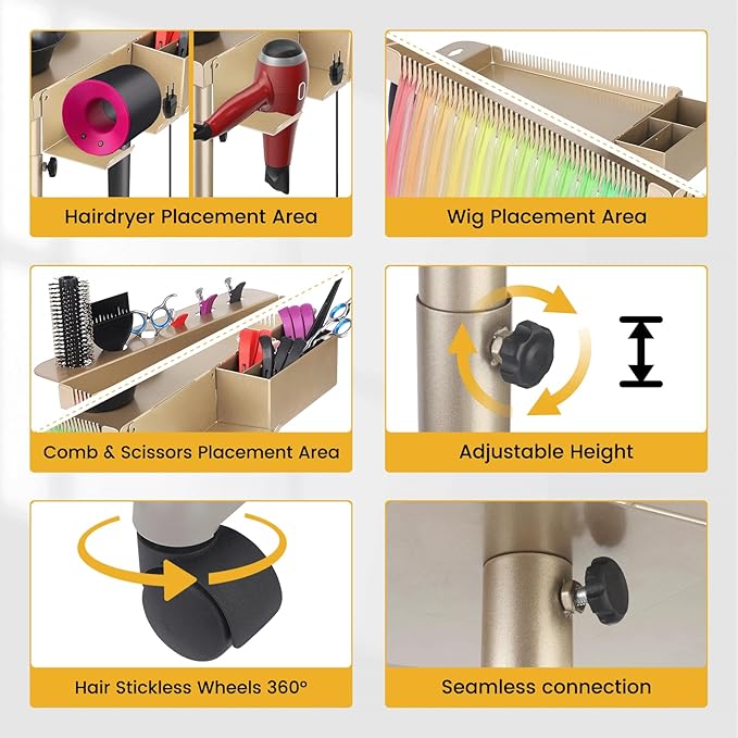 Hair Salon Carts, Champagne Gold Salon Tray for Hair Stylist, Multi-Function Salon Tray, Salon Station(with Wheels), Large Size and Robust,Corrosion-Resistant Adjustable Color Tray.