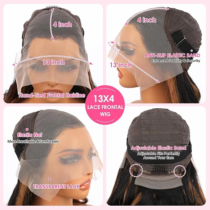 Straight Wigs Human Hair 1B/30 Highlight Ombre Lace Front Wig Human Hair 13x4 Transparent Lace Frontal Black with Brown Highlight Wig for Women 200 Density Glueless Wigs 24 Inch