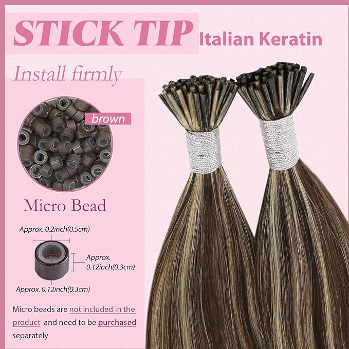 YoungSee Itip Human Hair Extensions Brown I Tip Hair Extensions Human Hair Highlight Dark Brown with Caramel Blonde Tip Hair Extension Human Hair Short 14In 80s 50g