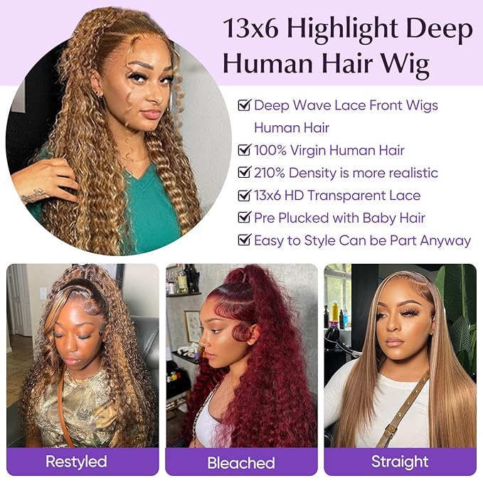 Honey Blonde Highlight Ombre Lace Front Wig Human Hair 210 Density 13x6 HD Lace Front Wigs Human Hair Deep Wave Curly Lace Frontal Wigs Pre Plucked with Baby Hair 24Inch
