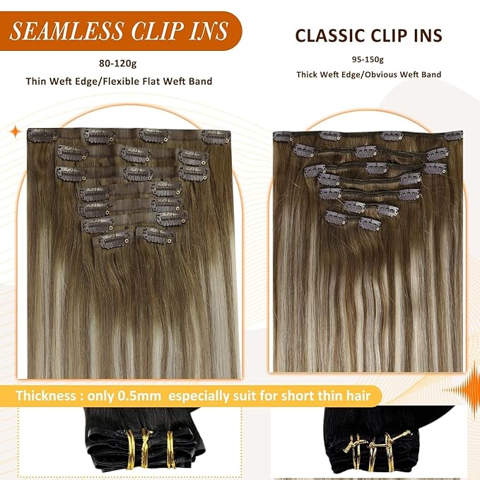 Full Shine Seamless Human Hair Clip in Extensions 22 Inch Light Brown Balayage Blonde Invisible Hair Extensions with PU Weft Seamless Clip ins 8 Pcs 120 G