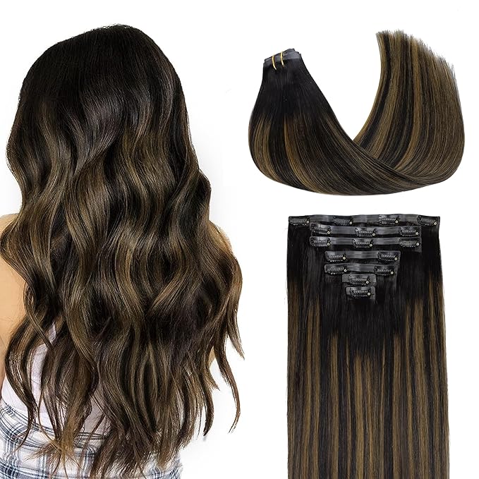 GOO GOO Clip in Hair Extensions Real Human Hair, Remy Human Hair Extensions Clip ins for Women, Natural Human Hair, 14inch 110g 7Pcs, 1B/6/1B Balayage Natural Black to Chestnut Brown
