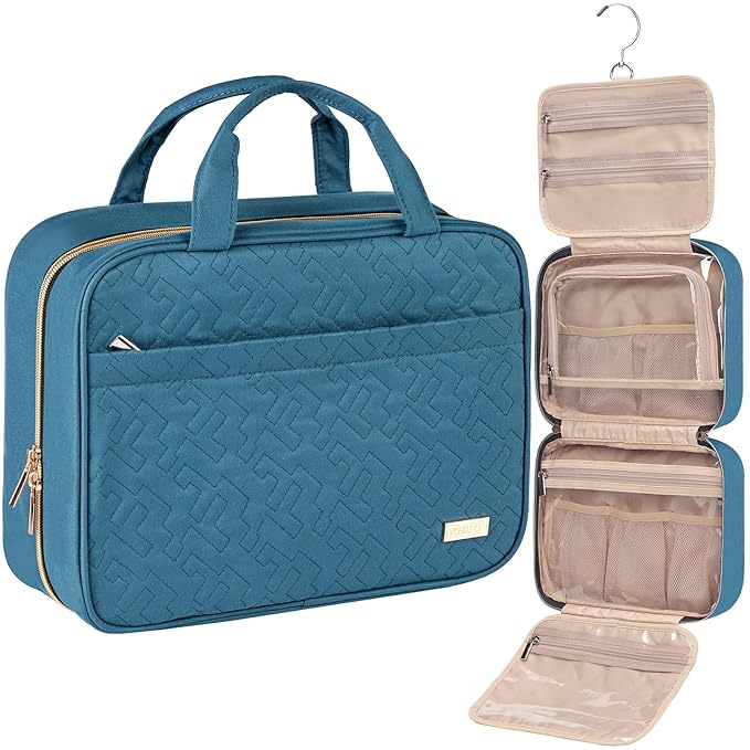 NISHEL Travel Toiletry Bag for women, Portable Hanging Organizer for Full-Sized Shampoo, Conditioner, Brushes Set, Makeup Accessories, Large Size, Lake-Blue