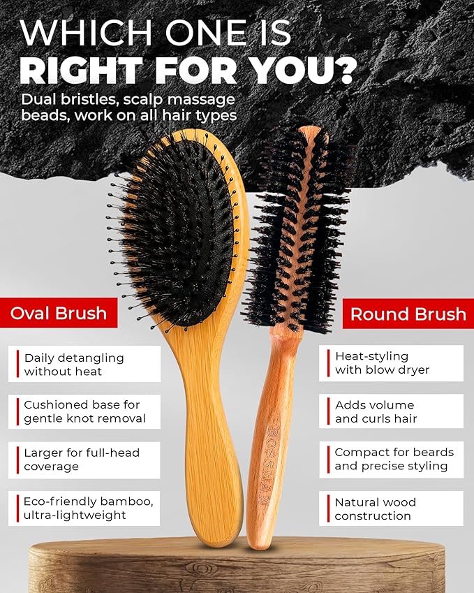 Bossman Boar & Nylon Bristle Round Hair Brush, 2 Inch - Blow Dryer Brush for Styling, Curling, Detangling, and Straightening