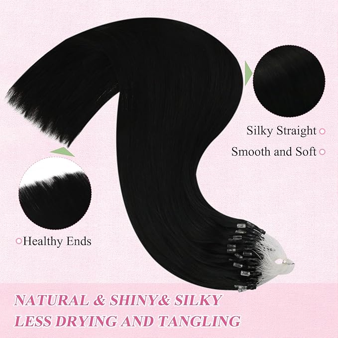 YoungSee Micro Loop Hair Extensions Real Human Hair Black Microloop Hair Extensions Human Hair Jet Black Beaded Hair Extension 20 Inch 50s 50g Micro Ring Hair Extension Long Straight Hair